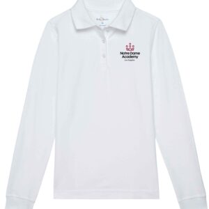 Girls White Long Sleeve Polo w/ NDA logo.